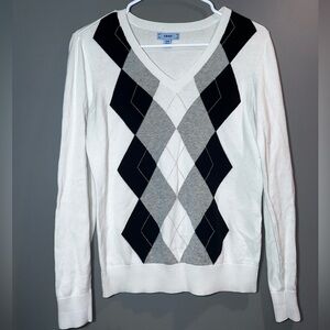 IZOD Argyle V-Neck Sweater — White, Gray & Black